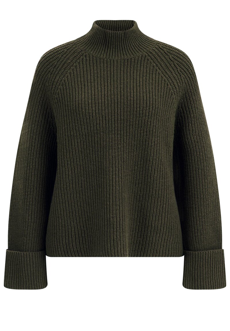Sweter dzianinowy w ciemnozielonym kolorze, z wysokim kołnierzem, prążkowaną teksturą oraz szerokimi, mankietowymi rękawami w luźnym fasonie.