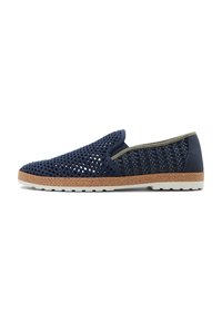 Navy slip-on shoe featuring breathable mesh upper, woven texture, contrasting olive trim, and a light rubber sole with a textured brown edge.