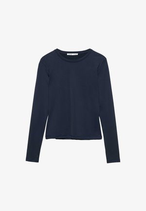 Marineblaues Langarmshirt aus weichem Stoff, mit Rundhalsausschnitt und einem entspannten Schnitt mit geradem Saum. Keine Muster oder Verzierungen.