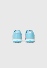 Blue athletic shoes with textured synthetic material, rubber soles, and pink accents. Features a low-cut design for ankle mobility.