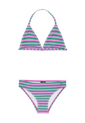 Ensemble de bikini rayé avec un haut triangle aux rayures vertes et roses, doté de liens ajustables, accompagné d'un bas taille basse coordonné.