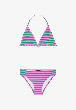 Pruhovaný bikinový set se skládá z trojúhelníkového vršku se zelenými a růžovými pruhy a nastavitelnými stuhami, doplněný o odpovídající nízké kalhotky.
