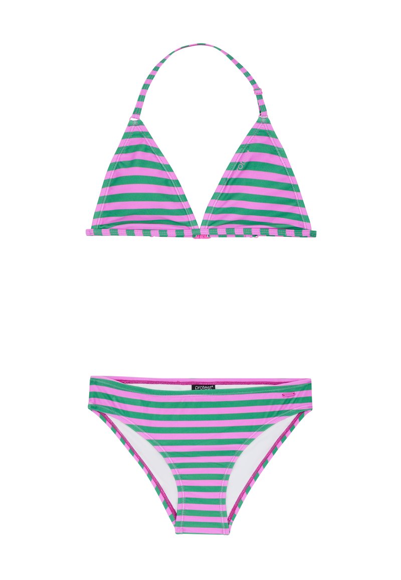 Pruhovaný bikiny set s trojuholníkovým vrchom v zelenej a ružovej pruhovanej farbe a nastaviteľnými šnúrkami, doplnený o zodpovedajúce nízke nohavičky.