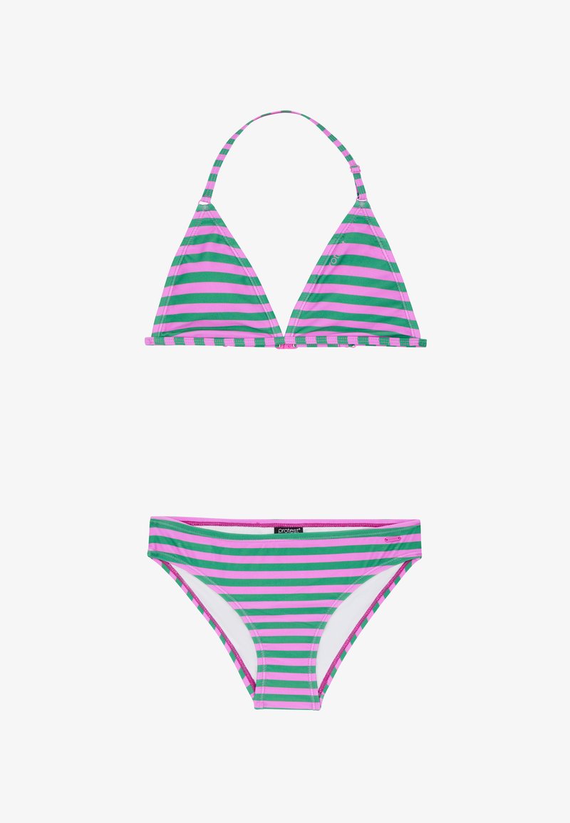Pruhovaný bikinový set se skládá z trojúhelníkového vršku se zelenými a růžovými pruhy a nastavitelnými stuhami, doplněný o odpovídající nízké kalhotky.