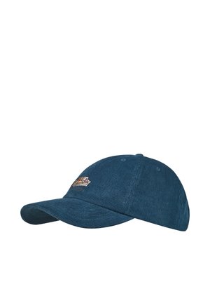 Blaues Cord-Baseballcap mit einem kleinen gestickten Bücherstapel auf dem Vorderteil.