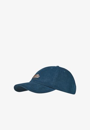 Blaues Cord-Baseballcap mit einem kleinen gestickten Bücherstapel auf dem Vorderteil.