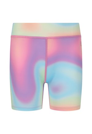 Korte zwembroek van een gladde, rekbare stof. Voorzien van een pastel swirl-patroon met roze, paars en blauwe tinten. Heeft een zachte tailleband.