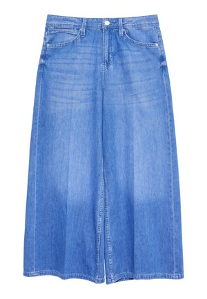 Jasnoniebieskie szerokie spodnie culottes z denimu z przednimi kieszeniami, szlufkami na pasek, zapięciem na guziki i szerokimi mankietami.