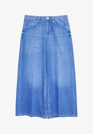 Jasnoniebieskie szerokie spodnie culottes z denimu z przednimi kieszeniami, szlufkami na pasek, zapięciem na guziki i szerokimi mankietami.