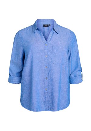 Sinine linane särk V-kaelusega, pikkade üleskeeratud varrukatega, esise peokoti ja nööbiga kinnitusega. Tekstureeritud kangas delikaatse heather-mustriga.