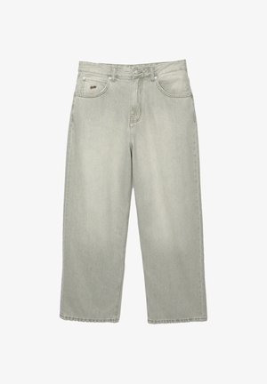 Helle graue Straight-Leg-Jeans mit Fronttaschen, Gürtelschlaufen und einer Knopfverschluss.
