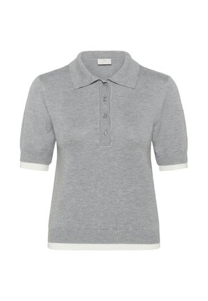 Polo en maille gris à manches courtes avec quatre boutons, col classique et bordure blanche sur les manches et l'ourlet.