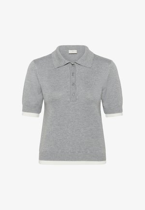 Polo en maille gris à manches courtes avec quatre boutons, col classique et bordure blanche sur les manches et l'ourlet.