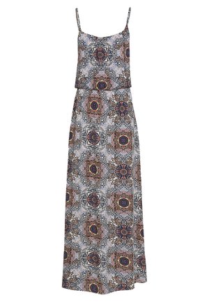 Robe maxi sans manches avec fines bretelles et motif floral et géométrique multicolore sur toute la surface.