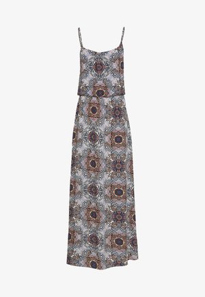 Mouwloze maxi-jurk met dunne bandjes en een overal meerkleurig bloemen- en geometrisch patroon.
