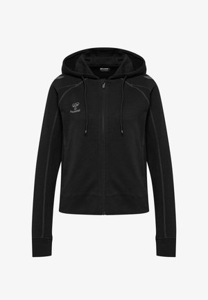 Czarna bluza z kapturem na zamek błyskawiczny z sznurkami, długimi rękawami oraz logo hummel na lewej piersi i górnej części ramion.