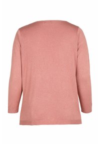 Pull en maille rose doux à manches longues, avec un ourlet droit et un dos simple sans coutures.
