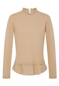 Beige svetr s dlouhým rukávem, s volánkovým vysokým límcem a tečkovaným lemem na spodním okraji, s knoflíkovým zapínáním na zadním výstřihu.