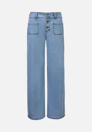 Jeans ampi di colore azzurro realizzati in denim, con vita alta, quattro tasche e chiusura a bottoni con tre bottoni.