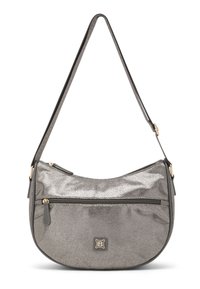 Borsa a tracolla grigio metallizzato con forma arrotondata, dotata di una tasca frontale con cerniera, texture liscia e dettagli in metallo color oro.