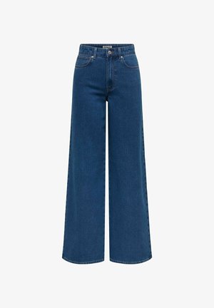 Wide-leg jeans in dark blue denim, featuring a high waist, two front pockets, and a button with a zip fly closure. Clean hem finish.