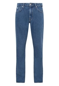 Denim jeans in a medium blue shade with a straight-leg cut. Features five pockets, metal button closure, and subtle fading.