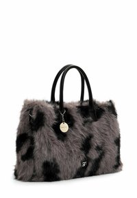Faux fur handbag with gray and black spotted pattern, black leather handles, and a metal tag attached. Soft texture, rectangular shape.