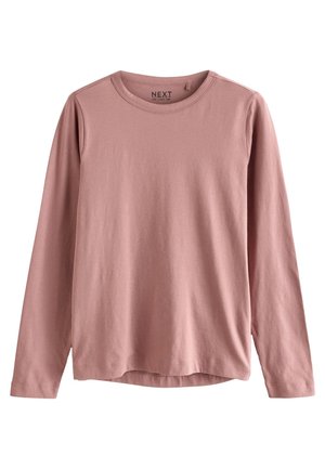 Maglietta a maniche lunghe con scollo a girocollo in morbido cotone rosa chiaro, caratterizzata da una texture liscia e un orlo leggermente curvo nella parte inferiore.