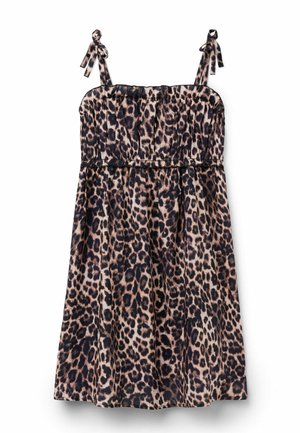 Vestido sin mangas con estampado de leopardo, cuerpo fruncido y tirantes ajustables con lazo, largo hasta la rodilla, con falda ancha.