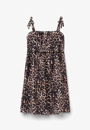 Ärmelloses Kleid mit Leopardenmuster, gerafftem Oberteil und verstellbaren Bindebändern, knielang, mit weitem Rock.
