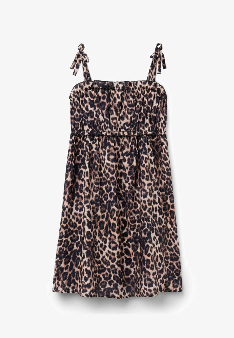 Robe sans manches à imprimé léopard avec corsage froncé et bretelles ajustables, longueur genou, avec jupe ample.