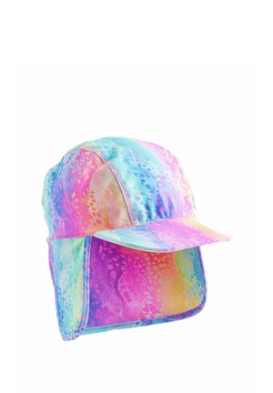 Mütze in mehreren Farben mit einem Farbverlauf von Pink, Blau und Lila, einem breiten Rand und einem Nackenlapel, aus einem leichten, glänzenden Stoff.