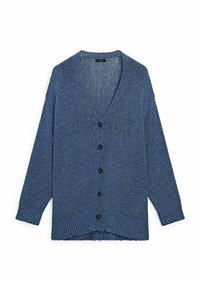 Blå stickad kofta med V-ringning, långa ärmar och fem svarta knappar. Ribbad mudd och nederkant. Texturerat tyg.