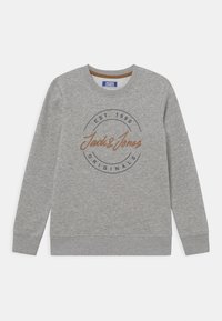 Šedá mikina vyrobená z bavlny, s kulatým výstřihem, ribovanými manžetami a tištěným logem v hnědé a navy modré barvě na přední straně.