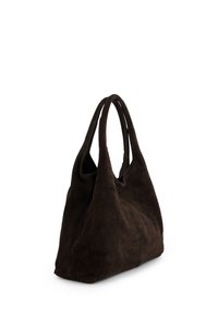 Brown suede tote bag with two shoulder handles, featuring a soft texture and rounded shape, designed for versatility and ease of use.