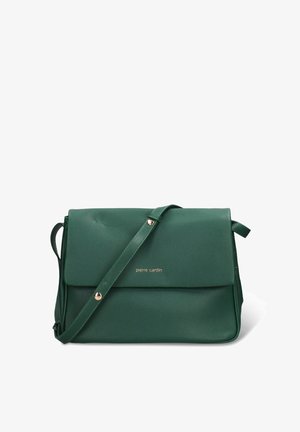 Borsa a tracolla in pelle verde con superficie testurizzata, chiusura a patta e tracolla regolabile. Presenta il nome del marchio in lettere dorate.