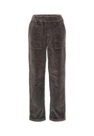 Pantalones de pana gris oscuro con cintura elástica y grandes bolsillos delanteros, corte recto y dobladillos cosidos.