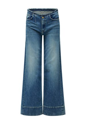 Pantalones vaqueros de mezclilla azul de pierna ancha con detalles desteñidos y dobladillos remangados, con bolsillos delanteros y cintura con cierre de botón.