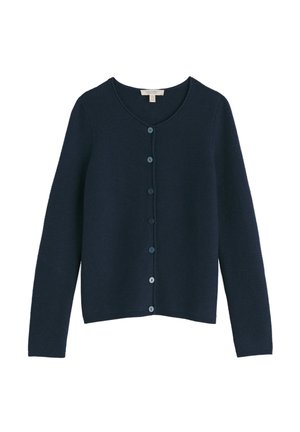Tamsiai mėlynas megztas kardiganas su apvalia iškirpte, ilgomis rankovėmis, dygliuotu raštu ir derančiais mygtukais priekyje.