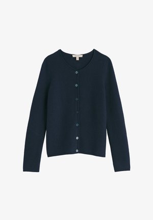 Cárdigan de punto azul marino, con cuello redondo, mangas largas, textura acanalada y botones a juego en la parte delantera.