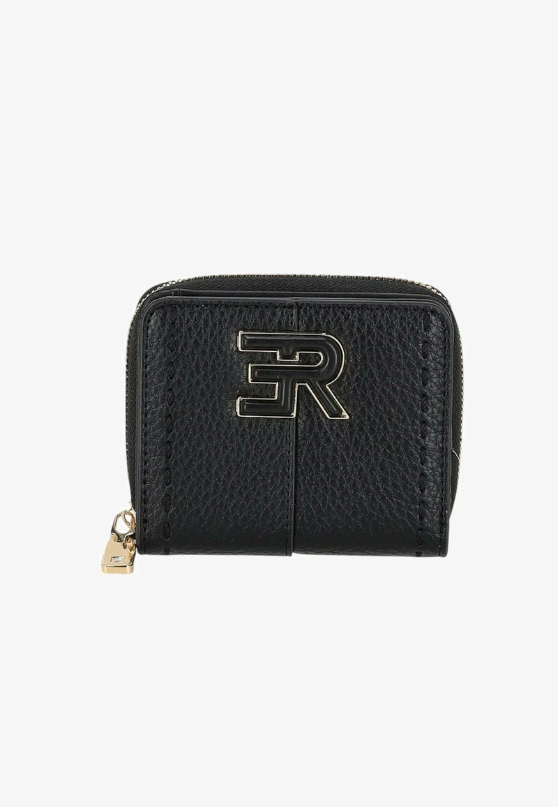 Portafoglio in pelle nera con superficie testurizzata, chiusura con cerniera e logo prominente in oro sul davanti. Cuciture dettagliate lungo i bordi.