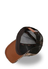 Trucker cap with a camouflage pattern, brown visor, and mesh back. Features a fabric label inside with "Von Dutch California" branding.