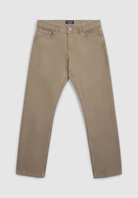 Jeans in cotone beige con un design a gamba dritta, dotati di cinque tasche, chiusura con bottone e accenti di cucitura sottili.
