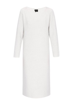 Sukienka o długości do kolan w kolorze białym, z prążkowanej tkaniny, z długimi rękawami, dekoltem w szpic oraz subtelną teksturą z drobnymi przebarwieniami. Wykonana z miękkiej dzianiny.