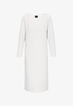Sukienka o długości do kolan w kolorze białym, z prążkowanej tkaniny, z długimi rękawami, dekoltem w szpic oraz subtelną teksturą z drobnymi przebarwieniami. Wykonana z miękkiej dzianiny.