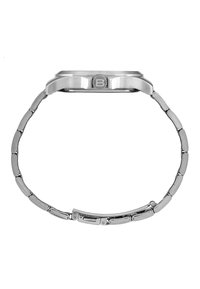 Sølv rustfrit stål ur med rektangulært urkasse, poleret finish og design med ledarmbånd. Har "B" logo på siden.