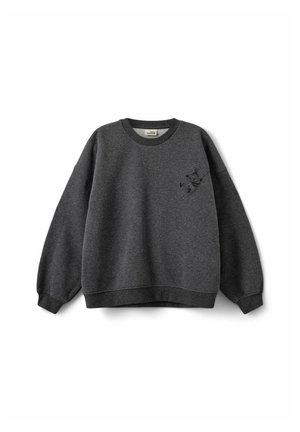 Sweat-shirt gris foncé col rond à manches longues avec un petit personnage de dessin animé noir brodé sur la poitrine gauche.