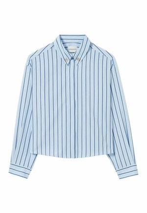 Camicia blu a maniche lunghe con strisce bianche verticali, colletto a bottoni. Presenta due bottoni sul colletto e una texture liscia.