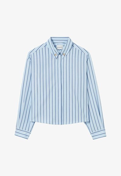Camicia blu a maniche lunghe con strisce bianche verticali, colletto a bottoni. Presenta due bottoni sul colletto e una texture liscia.