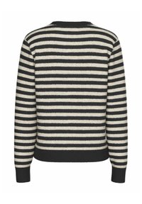 Randig stickad tröja med växlande mörkgrå och krämfärgade ränder, rund halsringning och ribbad nederkant och ärmar. Mjuk textur.